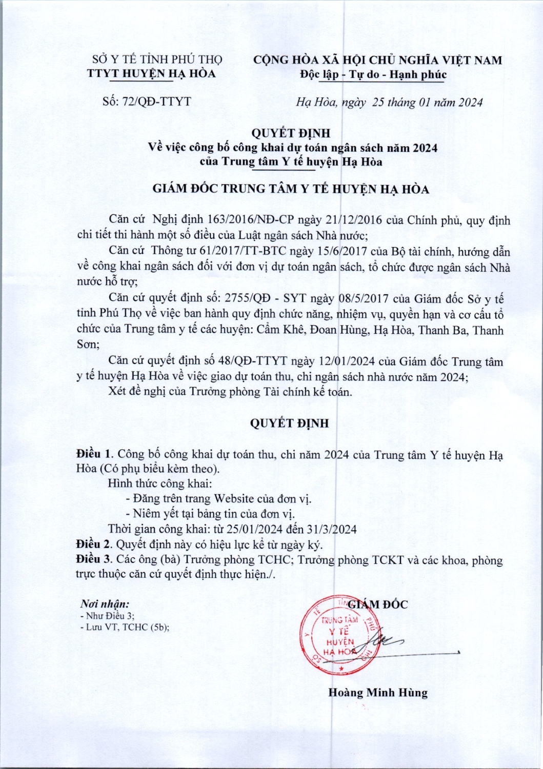 QUYẾT ĐỊNH : VỀ VIỆC CÔNG BỐ CÔNG KHAI DỰ TOÁN NGÂN SÁCH NĂM 2024 CỦA TRUNG TÂM Y TẾ HẠ HOÀ