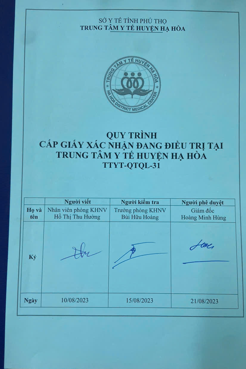 QUY TRÌNH CẤP GIẤY XÁC NHẬN ĐIỀU TRỊ