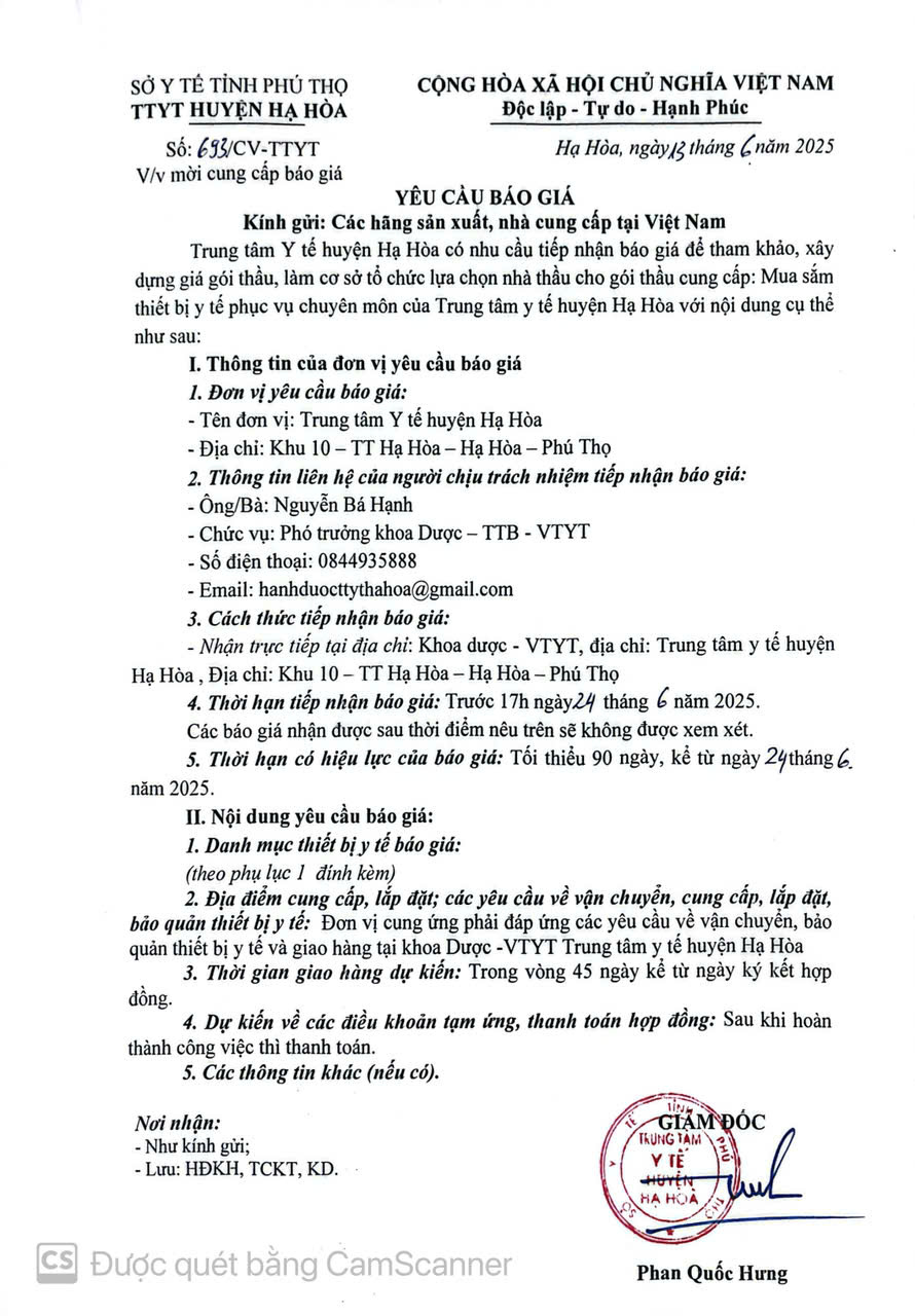YÊU CẦU BÁO GIÁ THIẾT BỊ Y TẾ